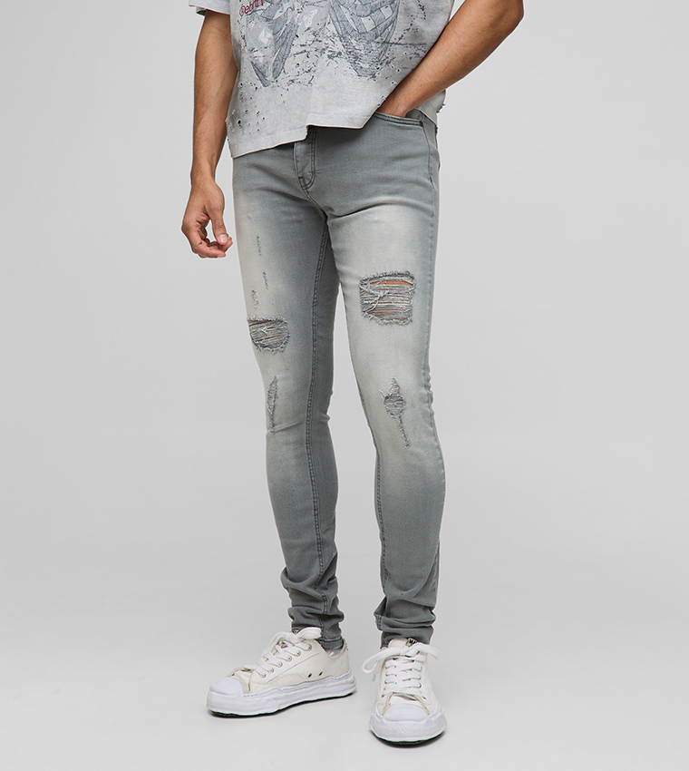 Skinny Fit Grey Ripped Skinny Jeans Buy BoohooMAN Ripped Skinny