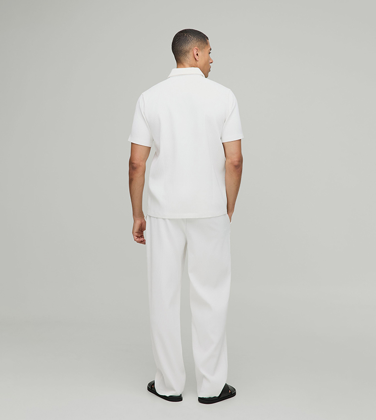 Regular Fit Pleated Short Sleeves Zip Neck Polo T-Shirt