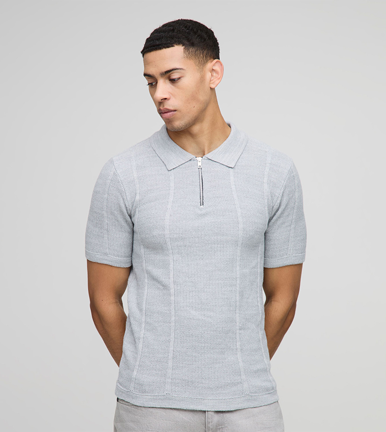 Muscle Fit Zip Neck Ribbed Paneled Knitted Polo T-Shirt
