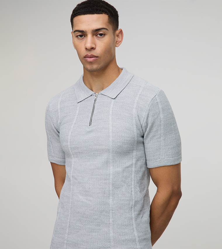 Muscle Fit Zip Neck Ribbed Paneled Knitted Polo T-Shirt