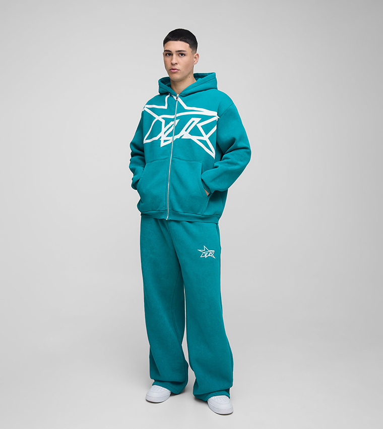 طقم ملابس بقماش مغسول وهودي وسحاب وطبعة