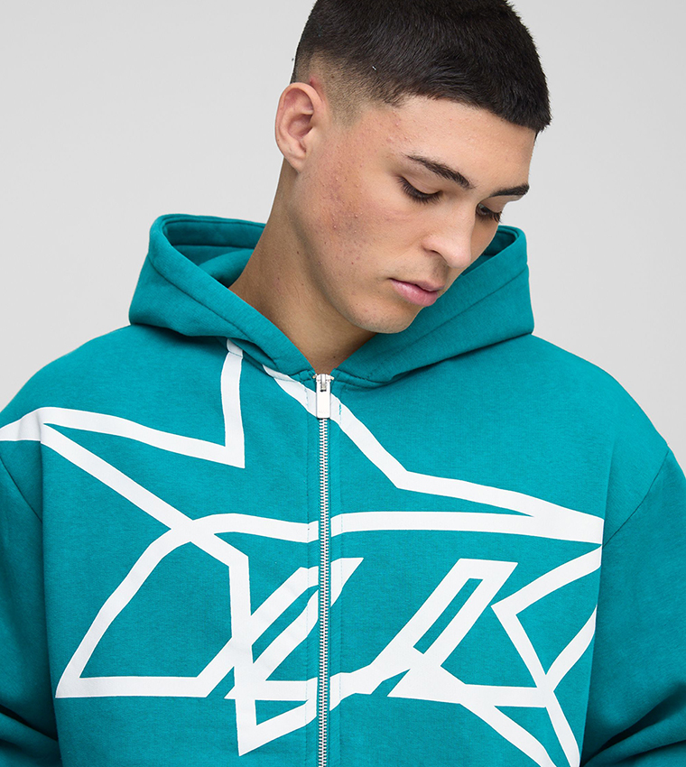 طقم ملابس بقماش مغسول وهودي وسحاب وطبعة