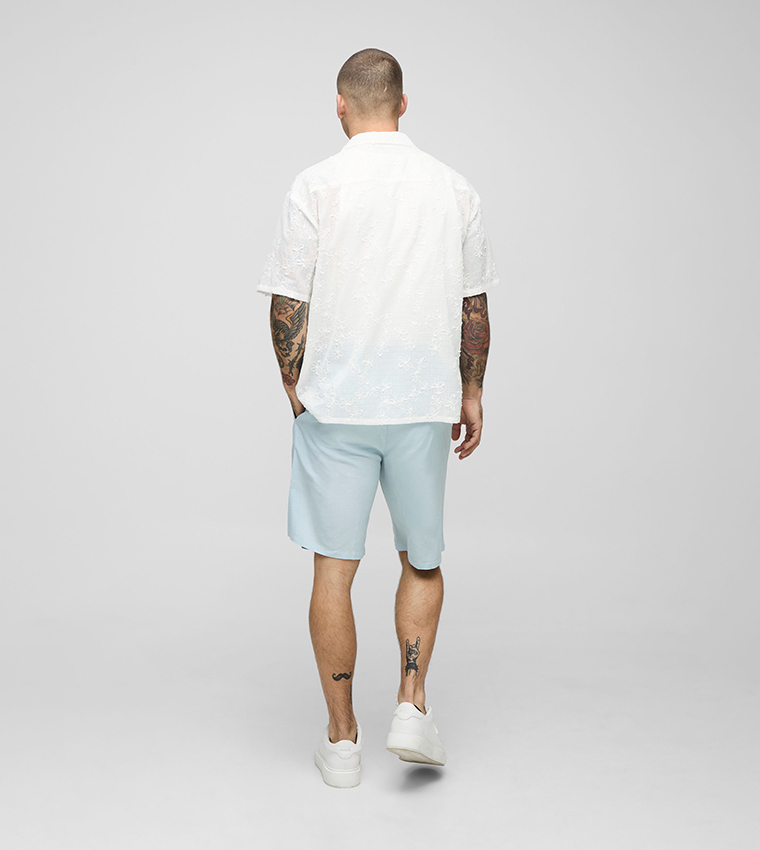 Elastic Waist Relaxed Fit Mid Length Linen Blend Shorts