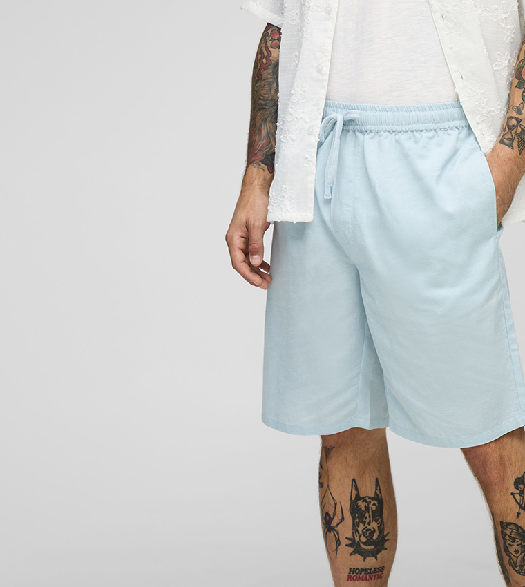 Elastic Waist Relaxed Fit Mid Length Linen Blend Shorts