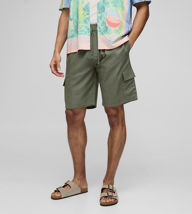 Buy BoohooMAN Linen Blend Relaxed Fit Cargo Shorts In Khaki