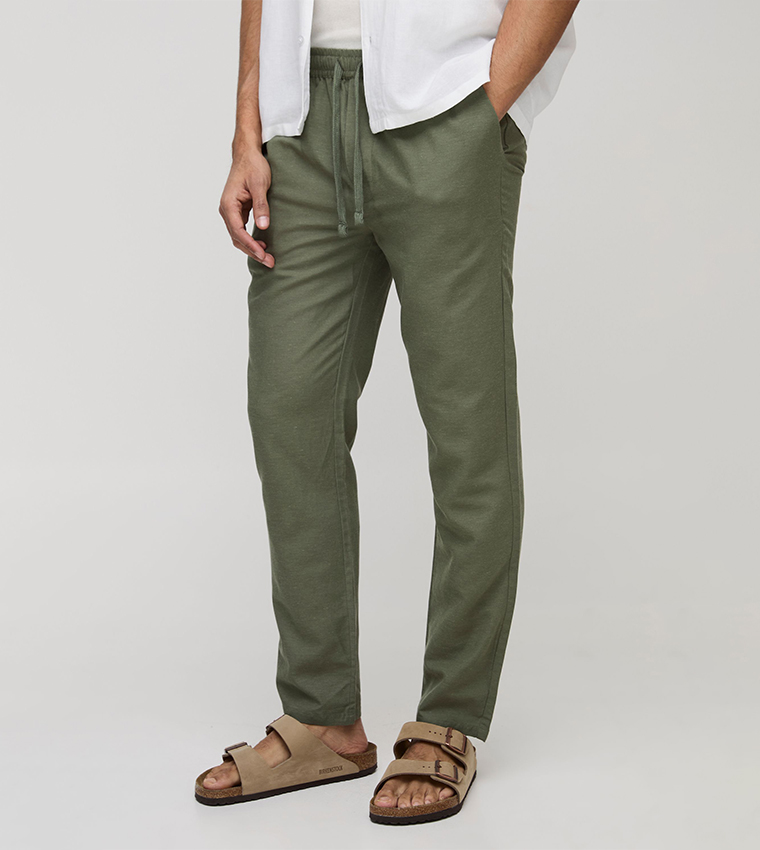Drawstring Waist Linen Blend Slim Fit Trousers