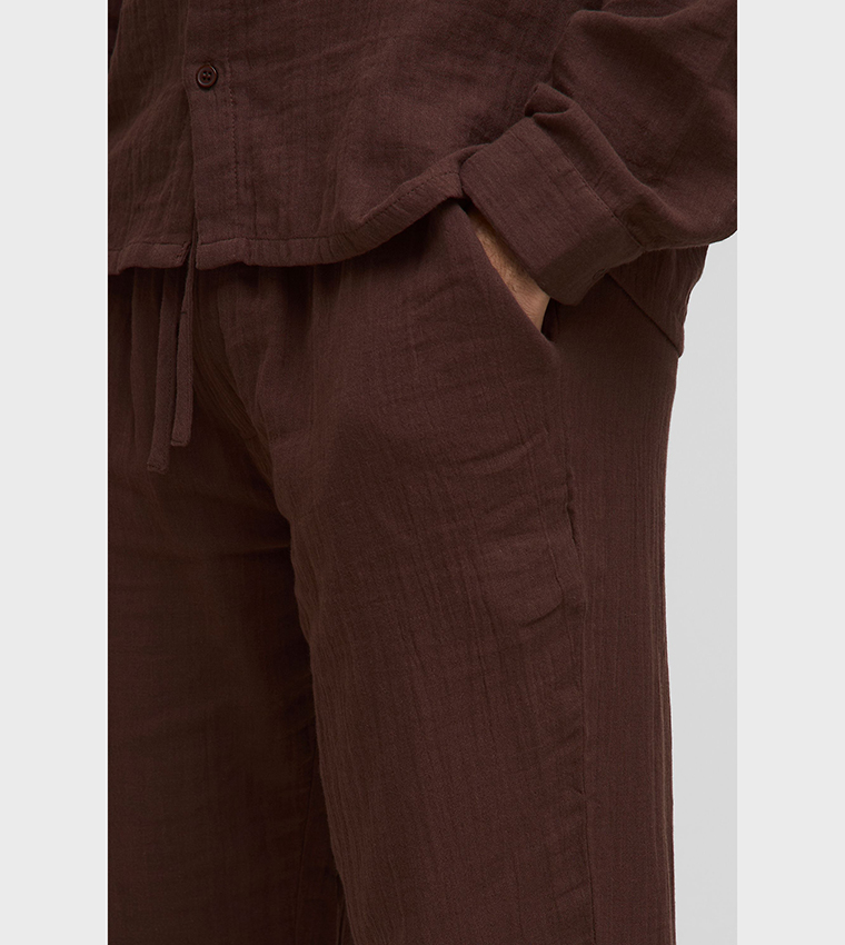 Straight Fit Elastic Waist Cheesecloth Trouser