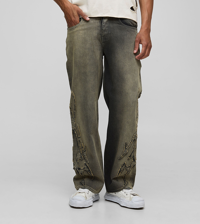 Washed Tribal Appliqued Relaxed Fit Jeans