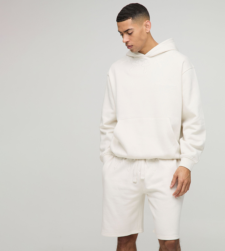 Cross Appliqued Hooded Short Oversized Sweatsuit Set