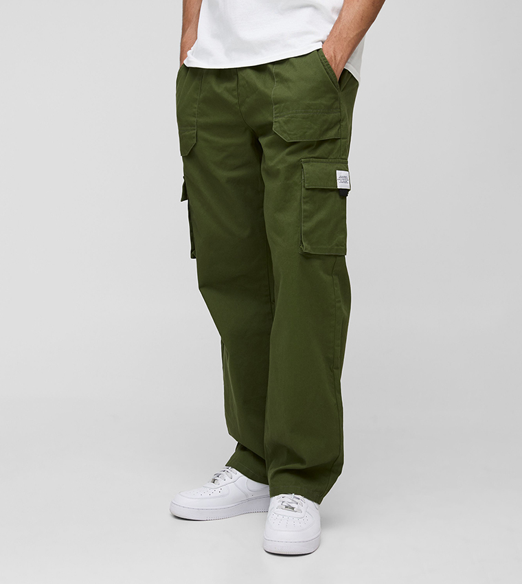 Buy BoohooMAN Elastic Waist Relaxed Fit Buckle Cargo Trousers In