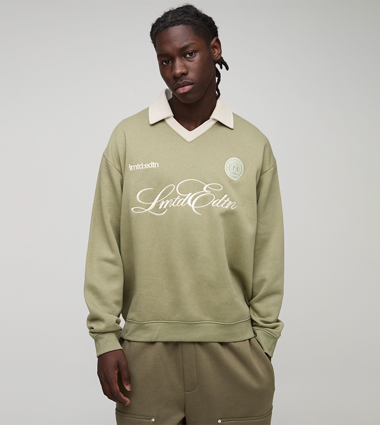 Buy BoohooMAN Embroidered Collared Oversized Sweatshirt In Khaki |  6thStreet UAE