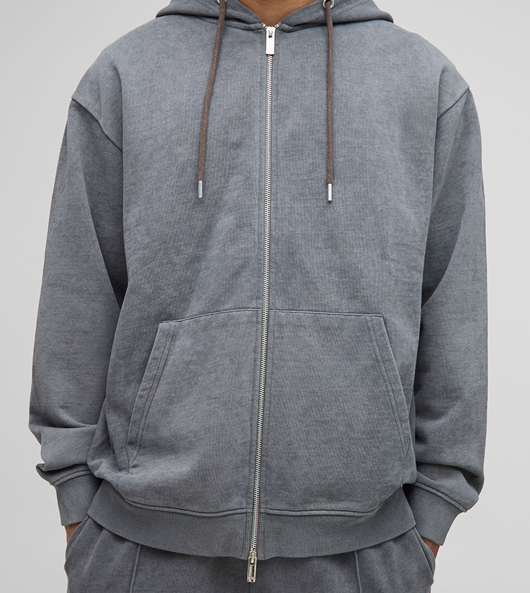 Oversized Washed Zip-Through Hooded Tracksuit Set