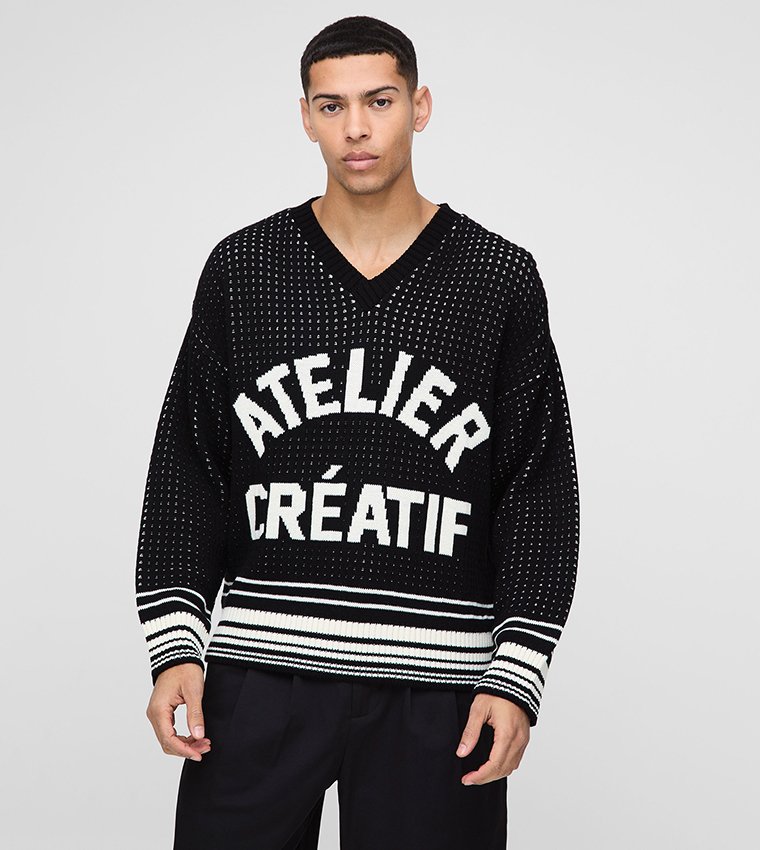 Crochet Look Striped V-Neck Knitted Sweater