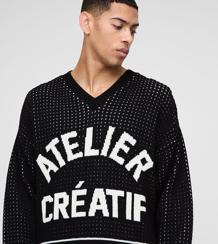 Crochet Look Striped V-Neck Knitted Sweater