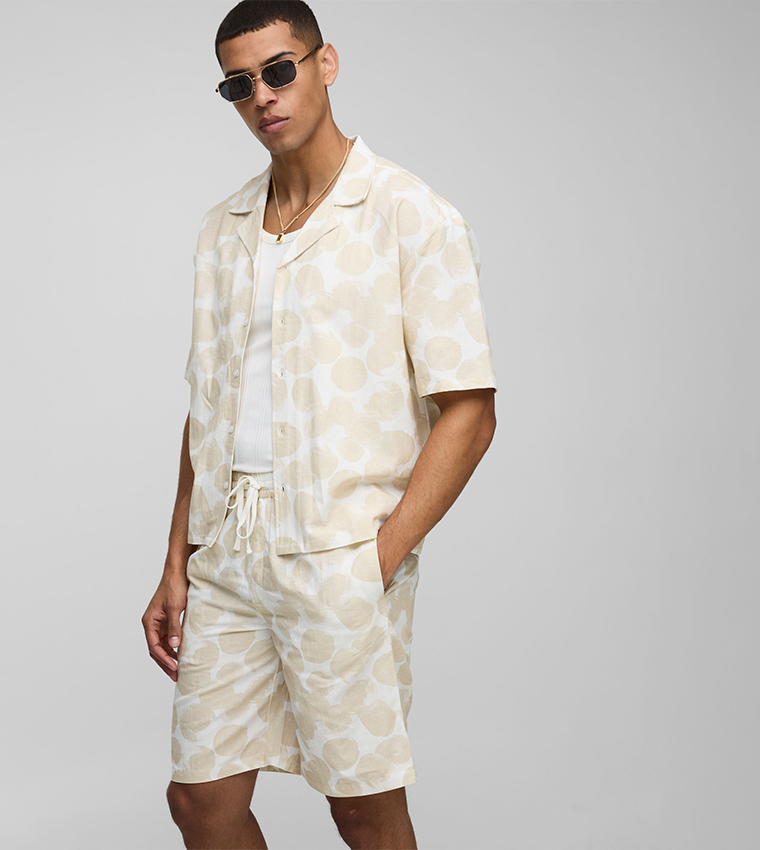 Printed Linen Blend Oversized Shirt & Shorts Set