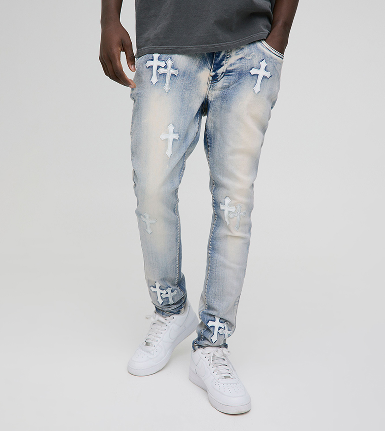 Fit PU Cross Appliqued Skinny Fit Jeans