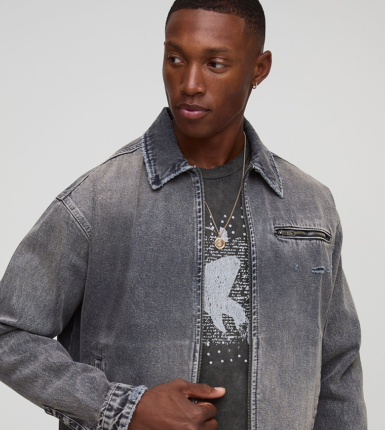 Embroidered Oil Wash Harrington Boxy Denim Jacket