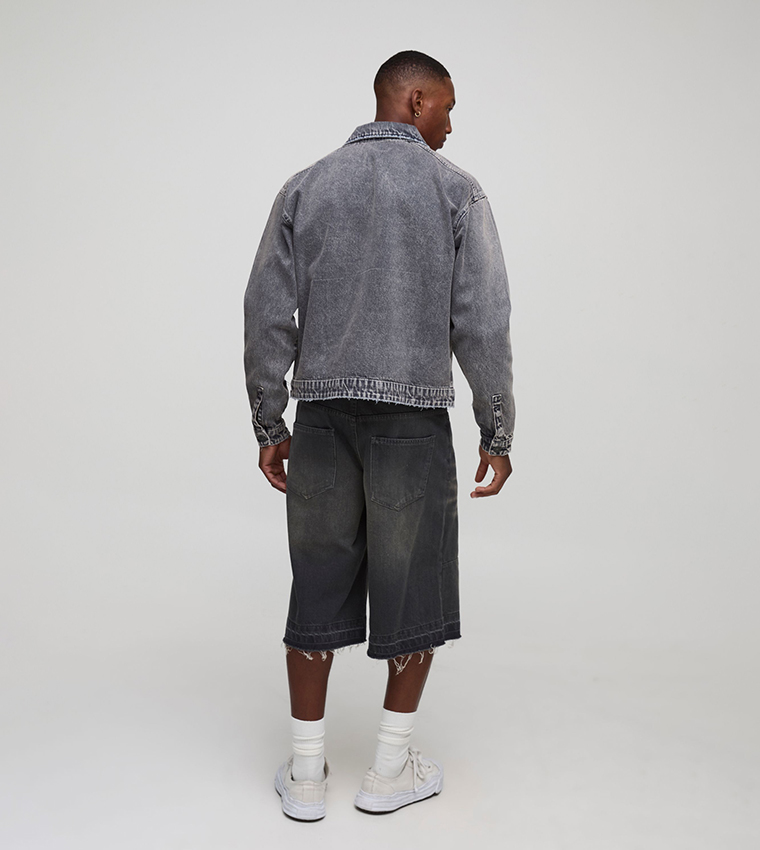 Embroidered Oil Wash Harrington Boxy Denim Jacket