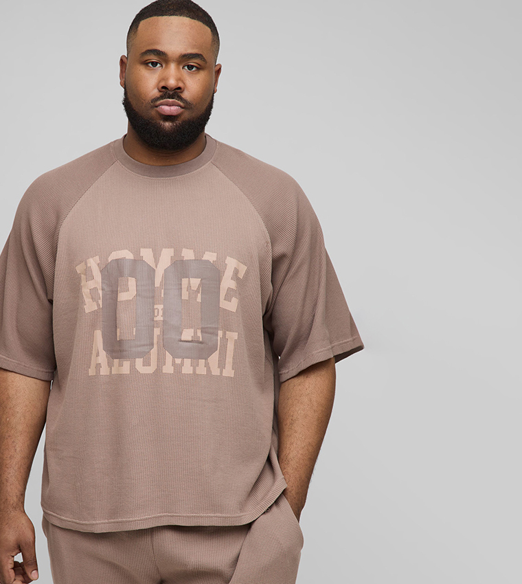 Buy BoohooMAN Plus Tall Raglan Waffle Graphic Oversized T Shirt