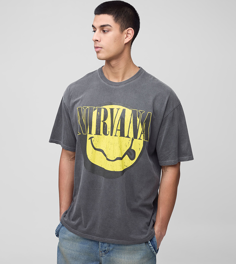 Plus & Tall Nirvana License Washed Print Oversized T-Shirt