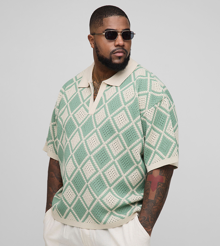 Plus & Tall Crochet Oversized Polo T-Shirt