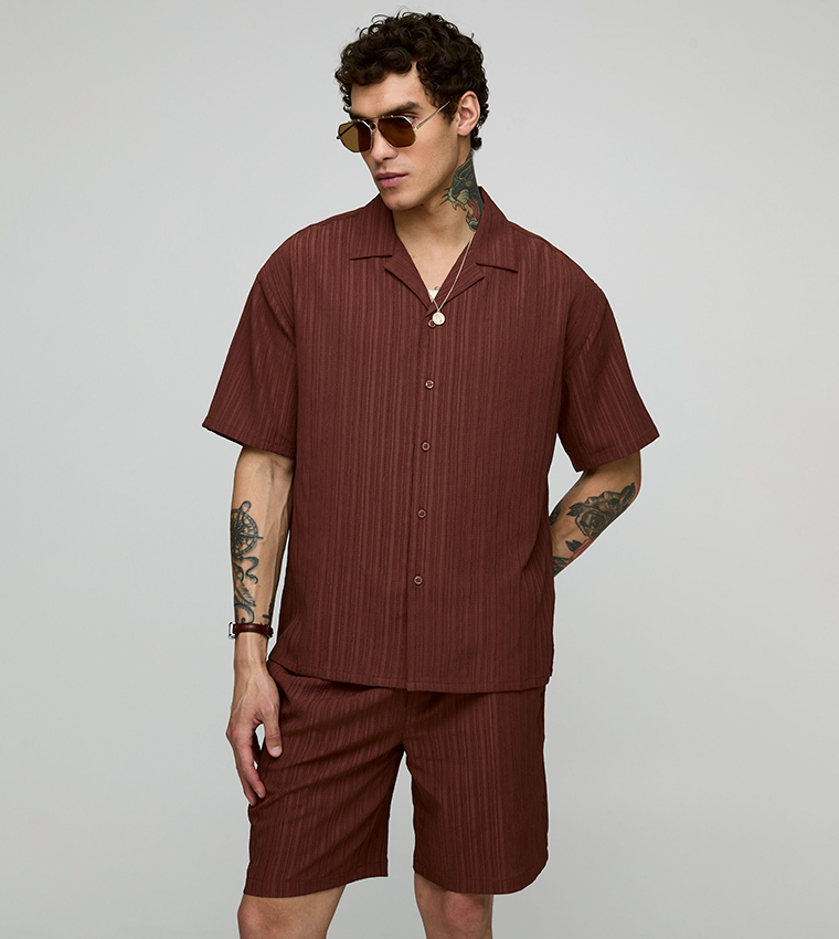 Textured Short Sleeves Oversized Shirt & Short Set