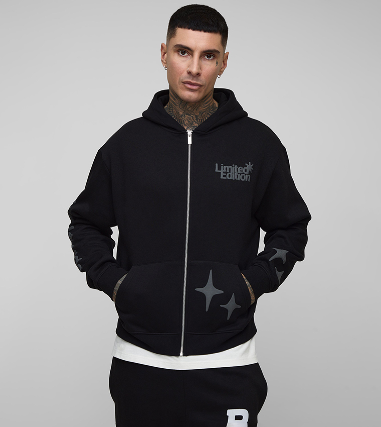 Buy BoohooMAN Tall Worldwide Puff Print Zip Through Hooded Boxy