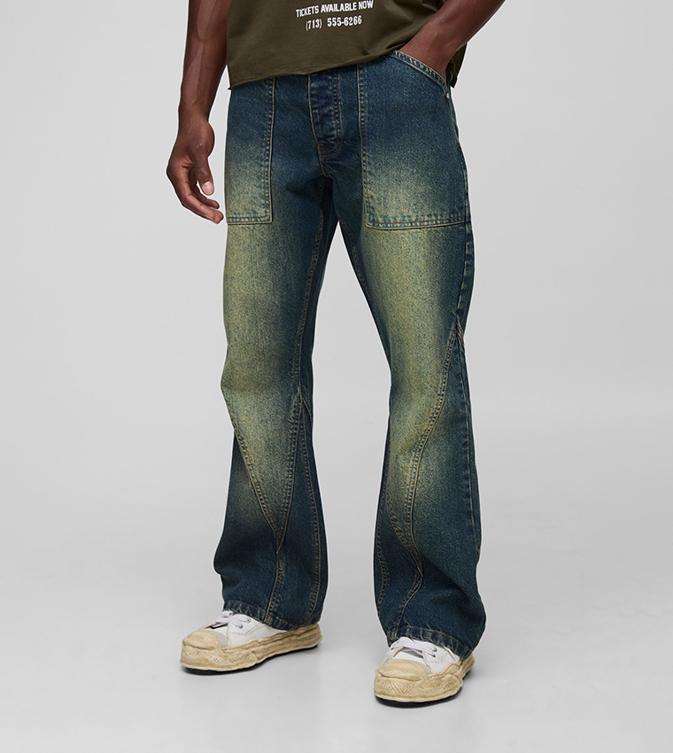 Relaxed Rigid Antique Washed Paneled Flared Jeans