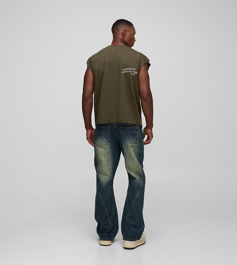 Relaxed Rigid Antique Washed Paneled Flared Jeans