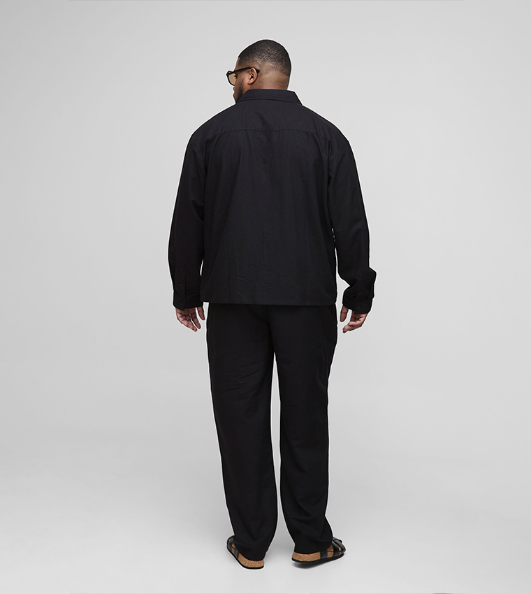 Plus & Tall Long Sleeves Linen Look Cargo Pocket Oversized Shirt