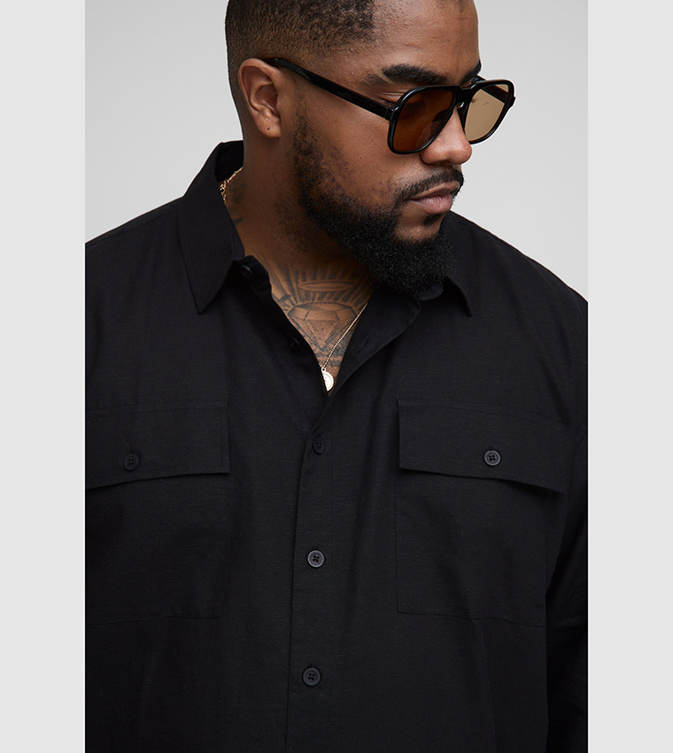 Plus & Tall Long Sleeves Linen Look Cargo Pocket Oversized Shirt