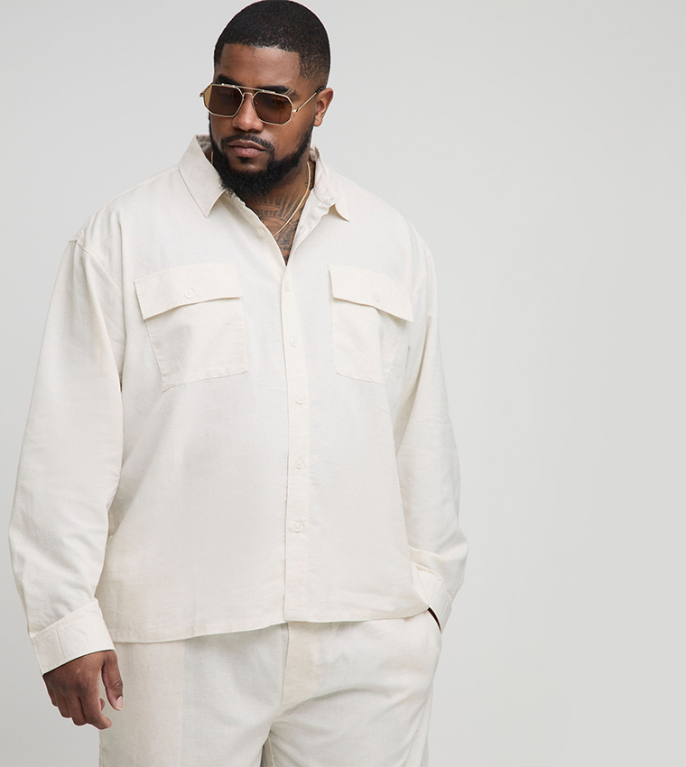Plus & Tall Long Sleeves Linen Look Cargo Pocket Shirt