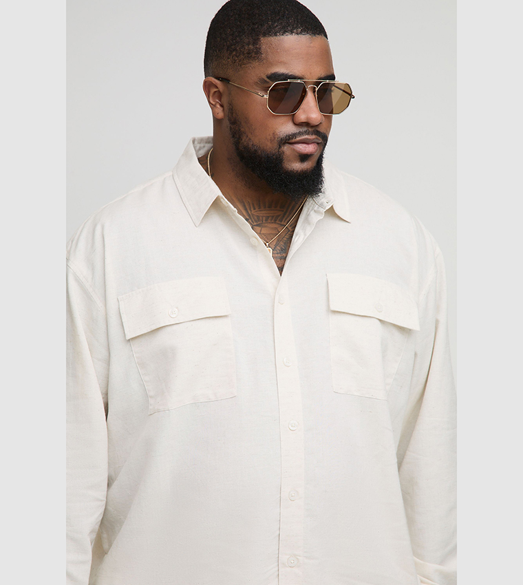 Plus & Tall Long Sleeves Linen Look Cargo Pocket Shirt
