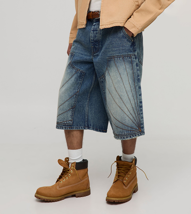 Longline Carpenter Stitch Detail Denim Shorts