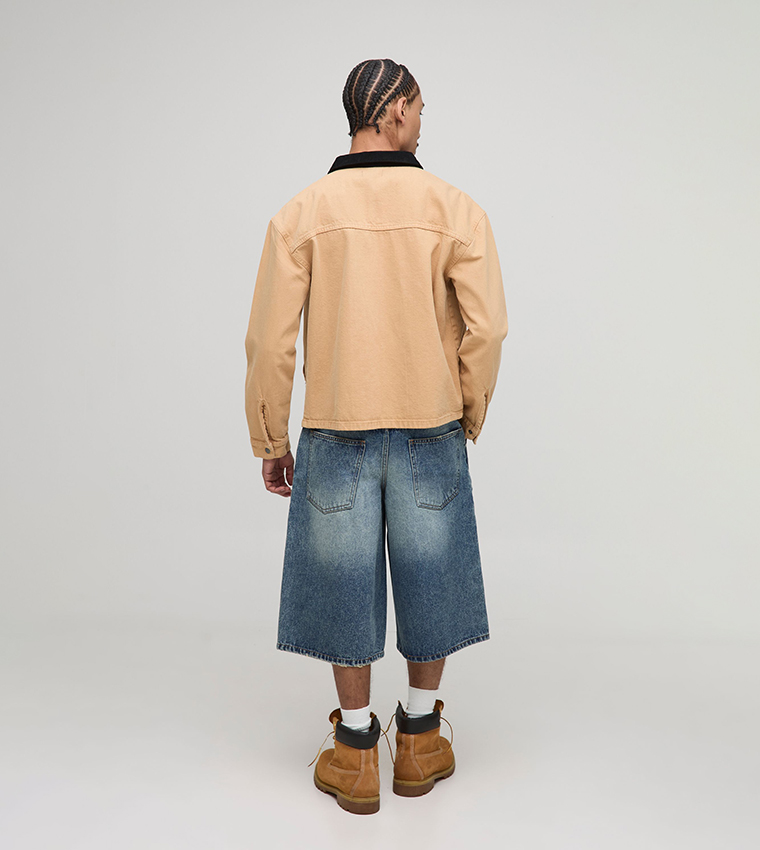 Longline Carpenter Stitch Detail Denim Shorts