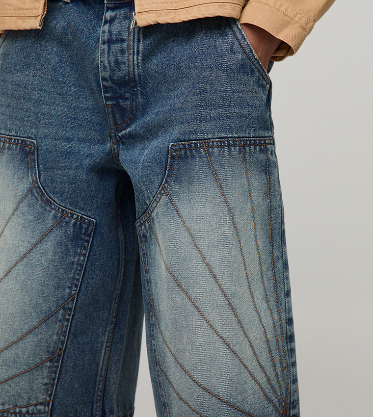 Longline Carpenter Stitch Detail Denim Shorts