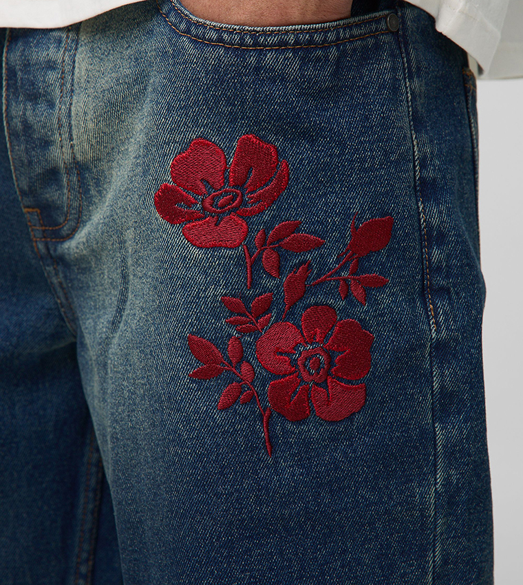 Relaxed Fit Rigid Floral Embroidered Denim Shorts