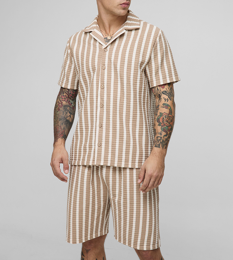 Striped Revere Collar Shirt and Shorts Set