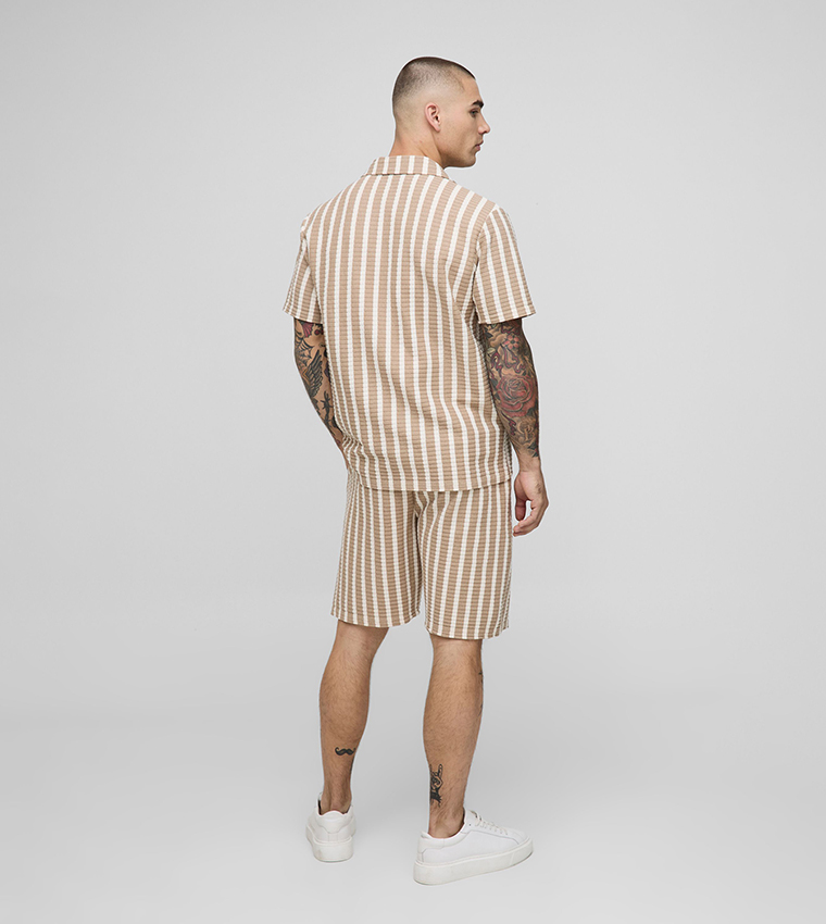 Striped Revere Collar Shirt and Shorts Set