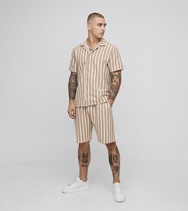 Striped Revere Collar Shirt and Shorts Set
