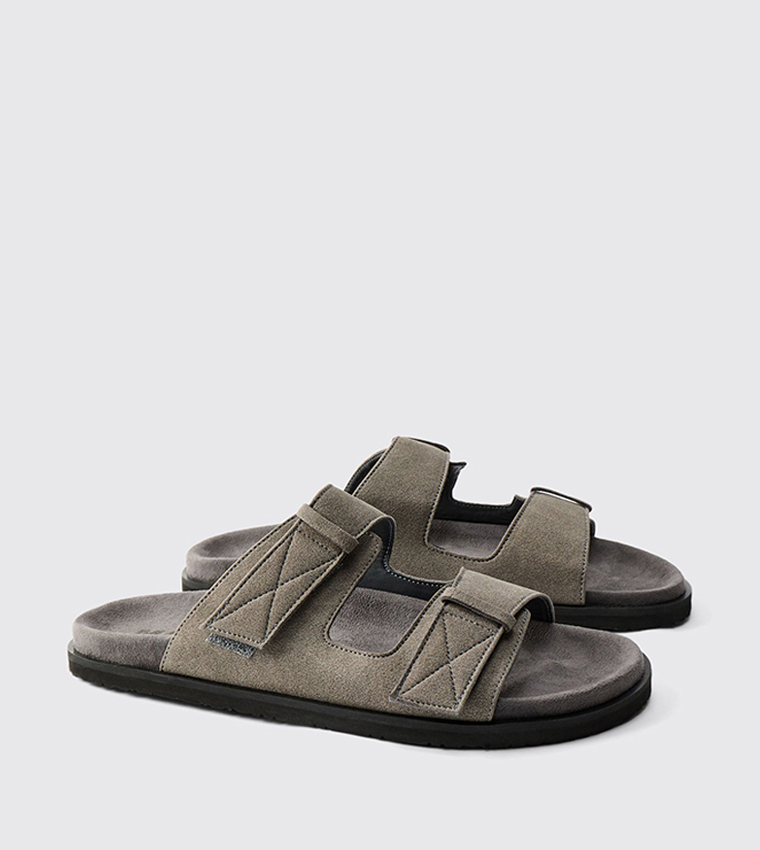 Faux Suede Stitch Detail Double Strap Comfort Sandals