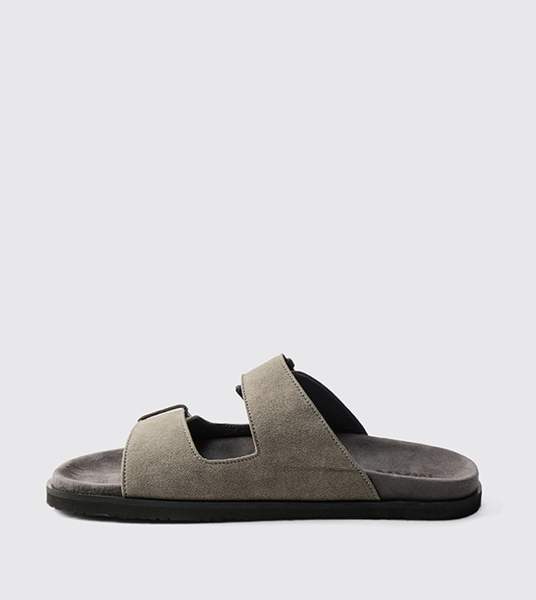 Faux Suede Stitch Detail Double Strap Comfort Sandals