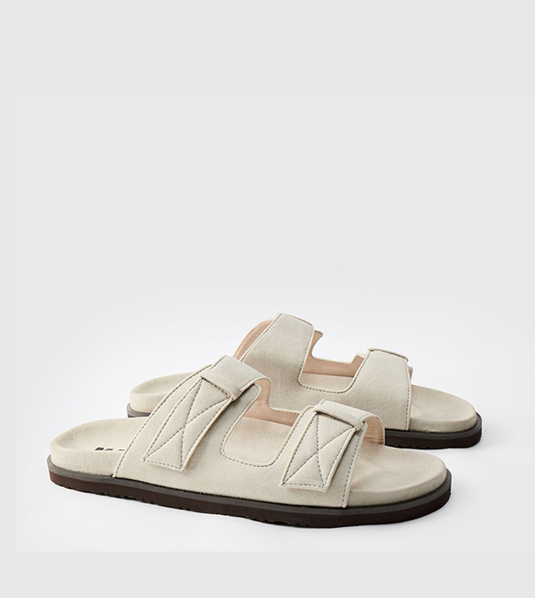 Faux Suede Stitch Detail Double Strap Comfort Sandals