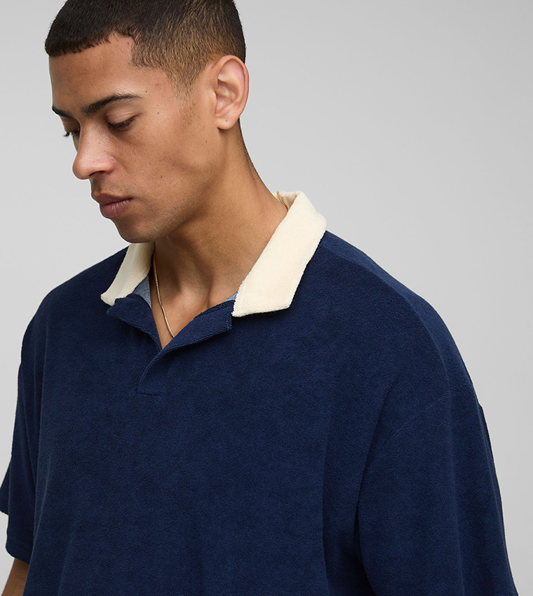 Contrast Collar Toweling Boxy Polo T-Shirt