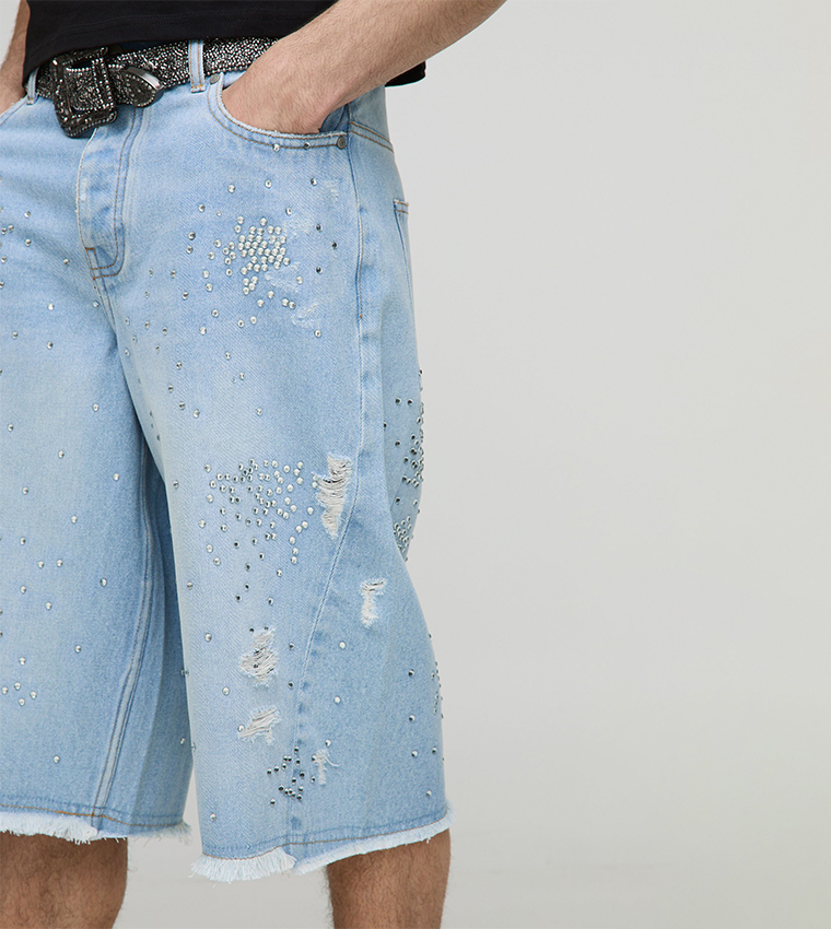 Rigid Distressed Embellished Shorts