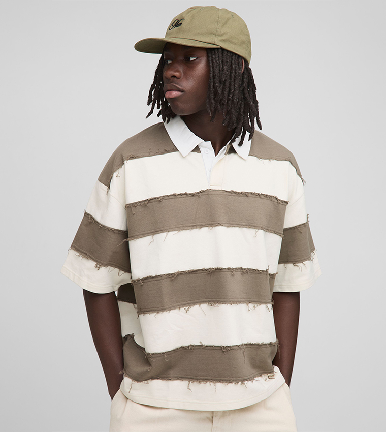 Distressed Short Sleeves Oversized Rugby Polo T-Shirt