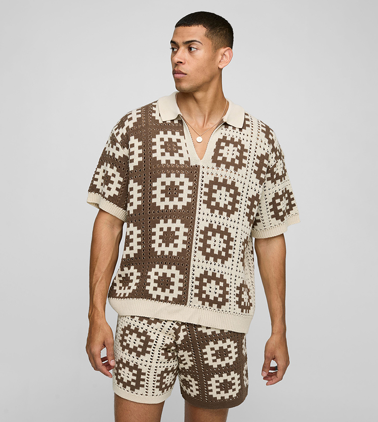 Crochet Knitted Boxy Polo T-Shirt