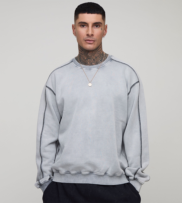 Buy BoohooMAN Tall Acid Wash Contrast Stitch Oversized Sweatshirt
