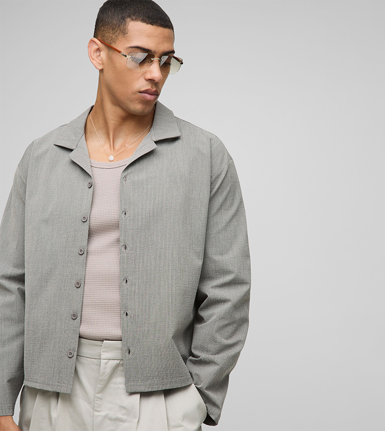 Boxy Revere Seersucker Striped Long Sleeves Oversized Shirt