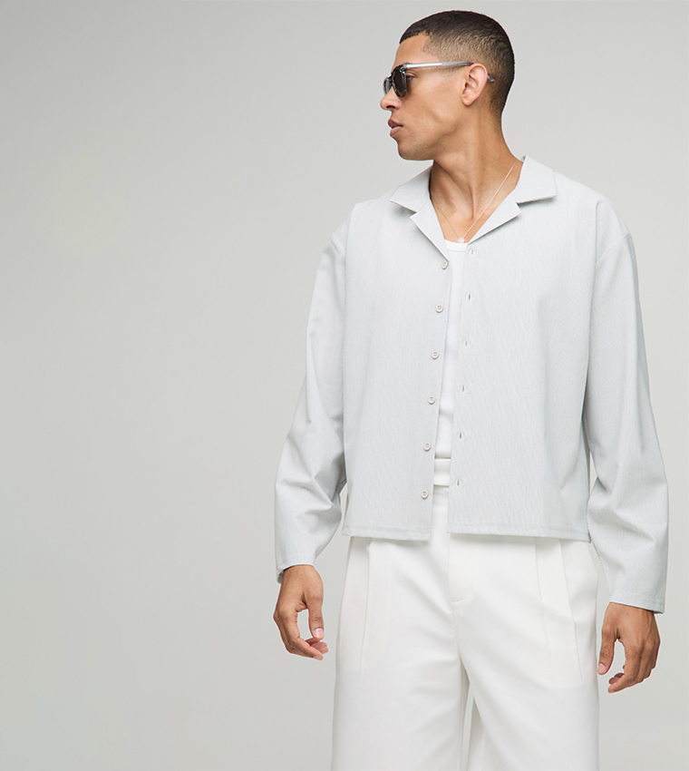 Boxy Fit Revere Seersucker Striped Long Sleeves Oversized Shirt